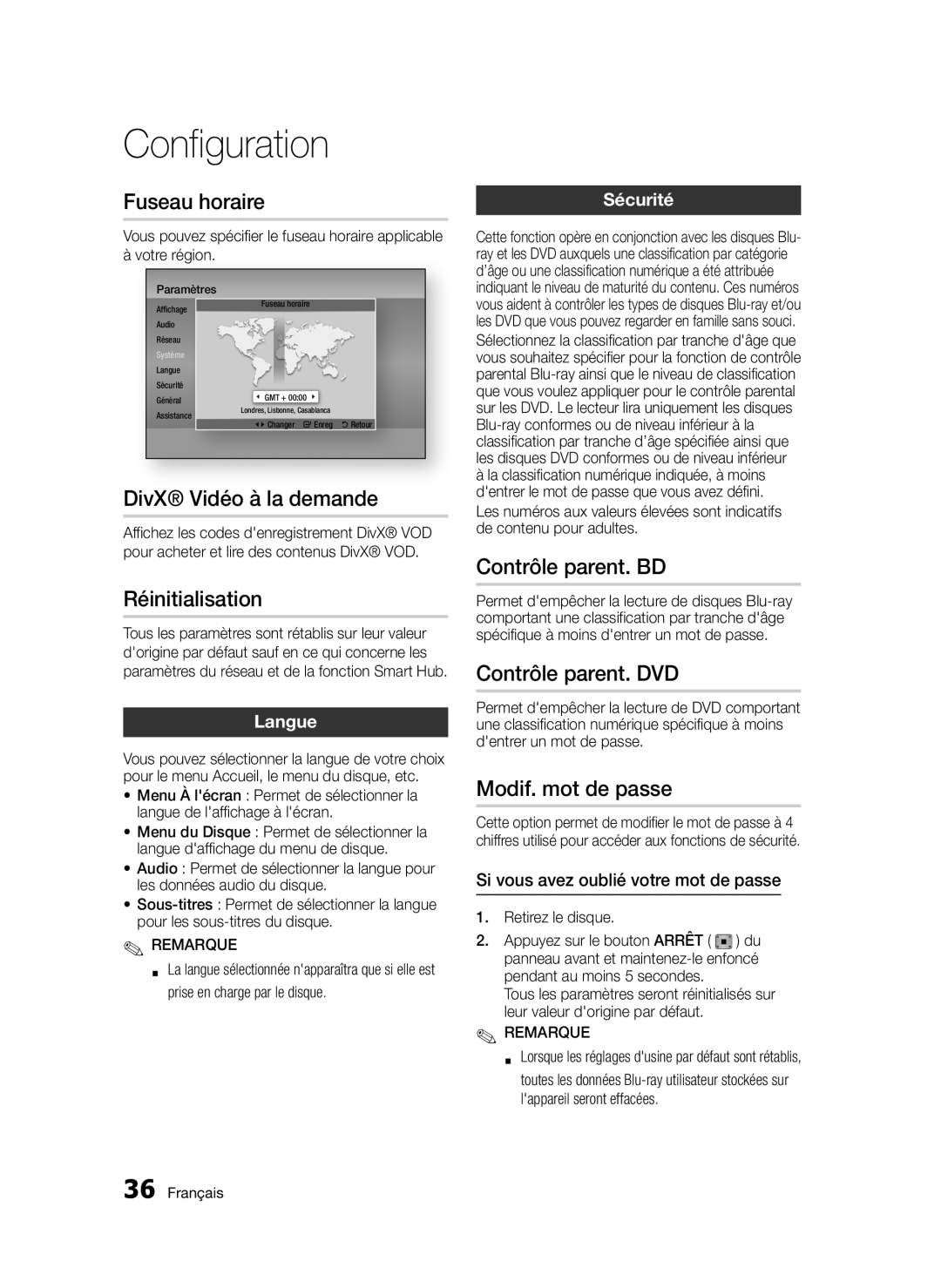 Samsung BD-D5300/EN Fuseau horaire, DivX Vidéo à la demande, Réinitialisation, Contrôle parent. BD, Contrôle parent. DVD 