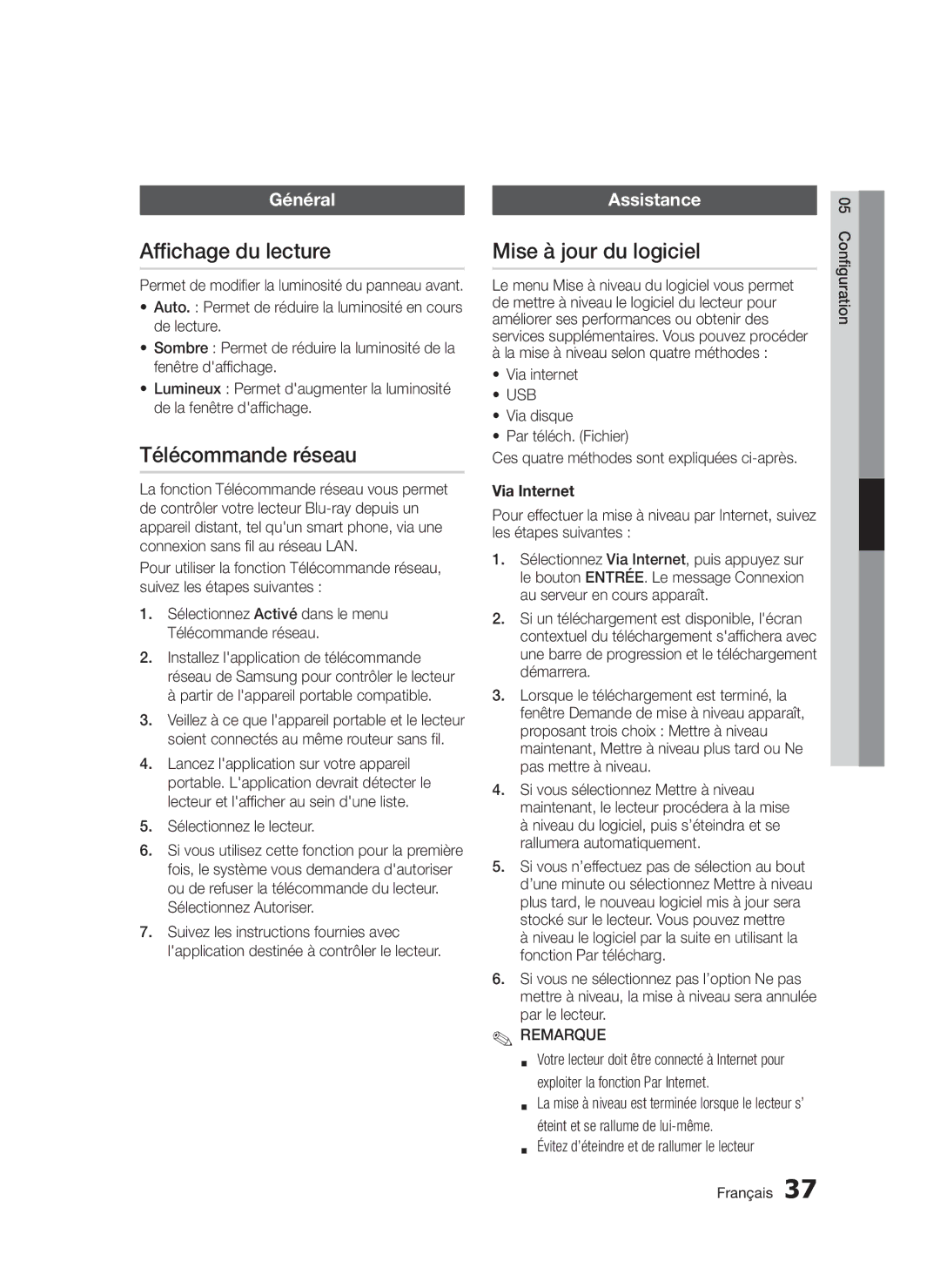 Samsung BD-D5300/XN, BD-D5300/EN Affichage du lecture, Télécommande réseau, Mise à jour du logiciel, Général, Assistance 