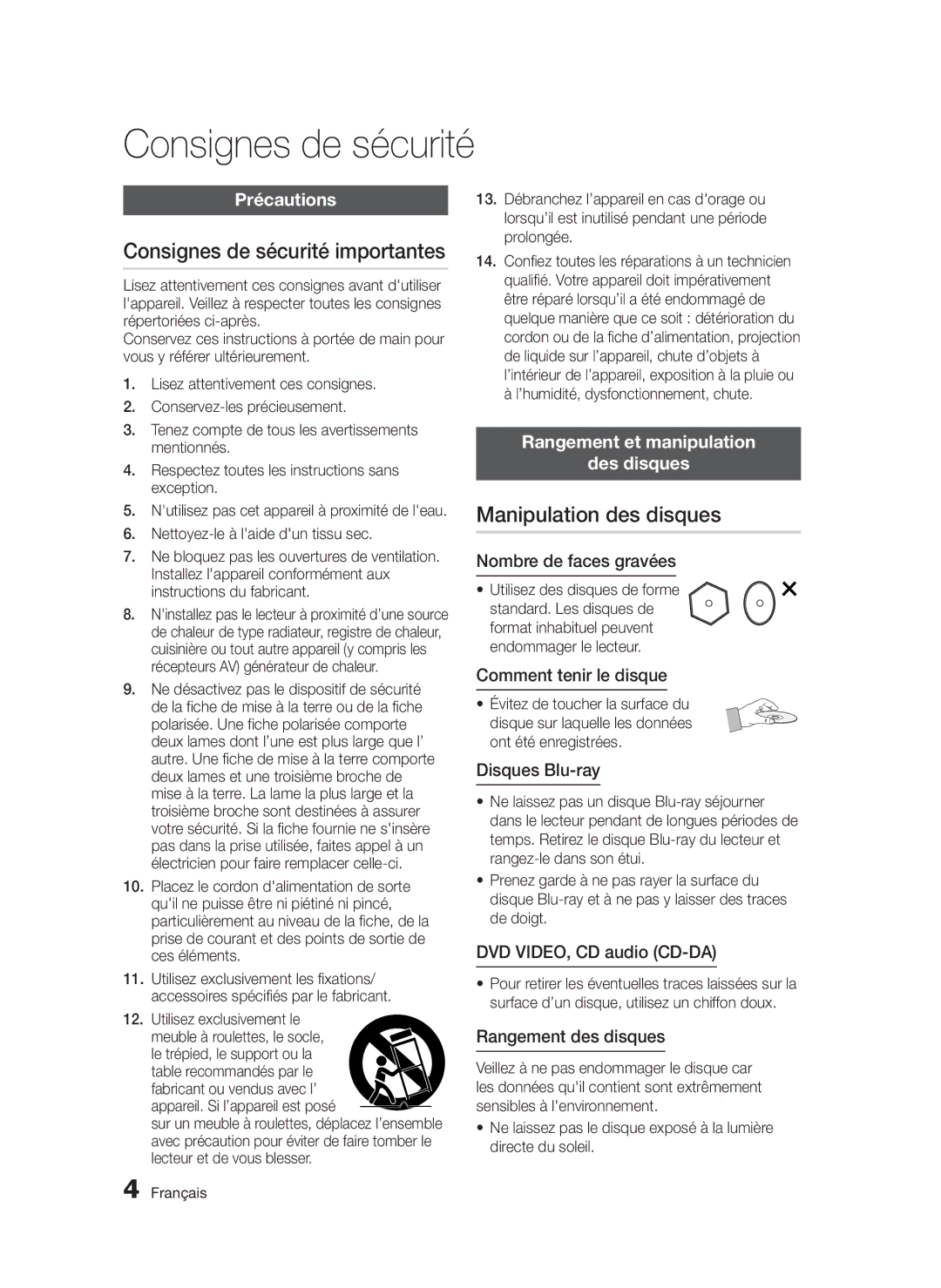 Samsung BD-D5300/EN, BD-D5300/XN, BD-D5300/ZF manual Consignes de sécurité importantes, Manipulation des disques, Précautions 