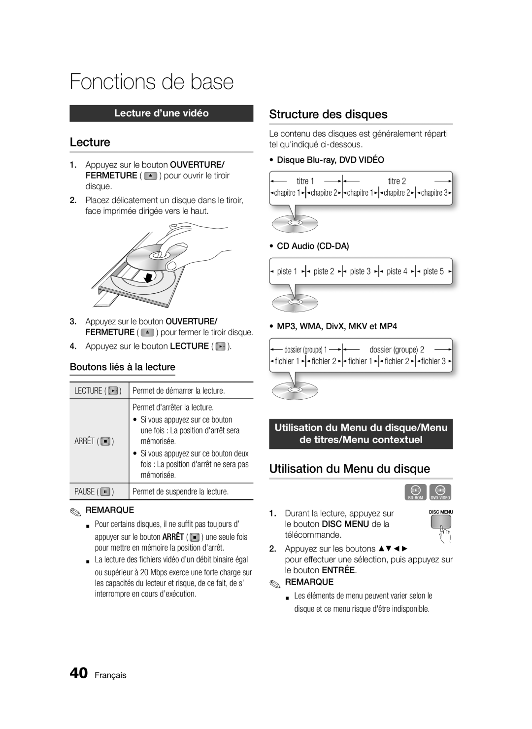 Samsung BD-D5300/EN manual Fonctions de base, Structure des disques, Utilisation du Menu du disque, Lecture d’une vidéo 