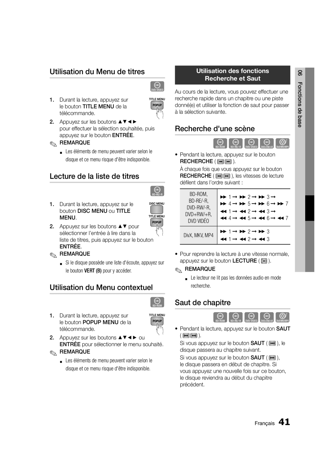 Samsung BD-D5300/XN Utilisation du Menu de titres, Recherche dune scène, Lecture de la liste de titres, Saut de chapitre 