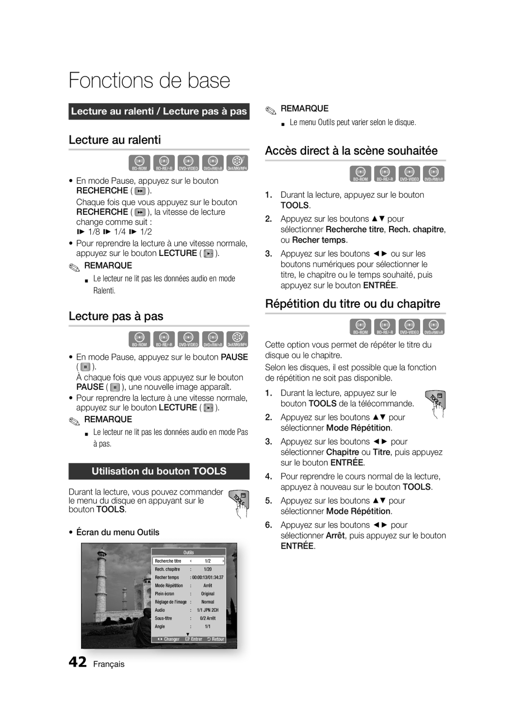 Samsung BD-D5300/ZF, BD-D5300/EN, BD-D5300/XN manual Lecture au ralenti, Lecture pas à pas, Accès direct à la scène souhaitée 