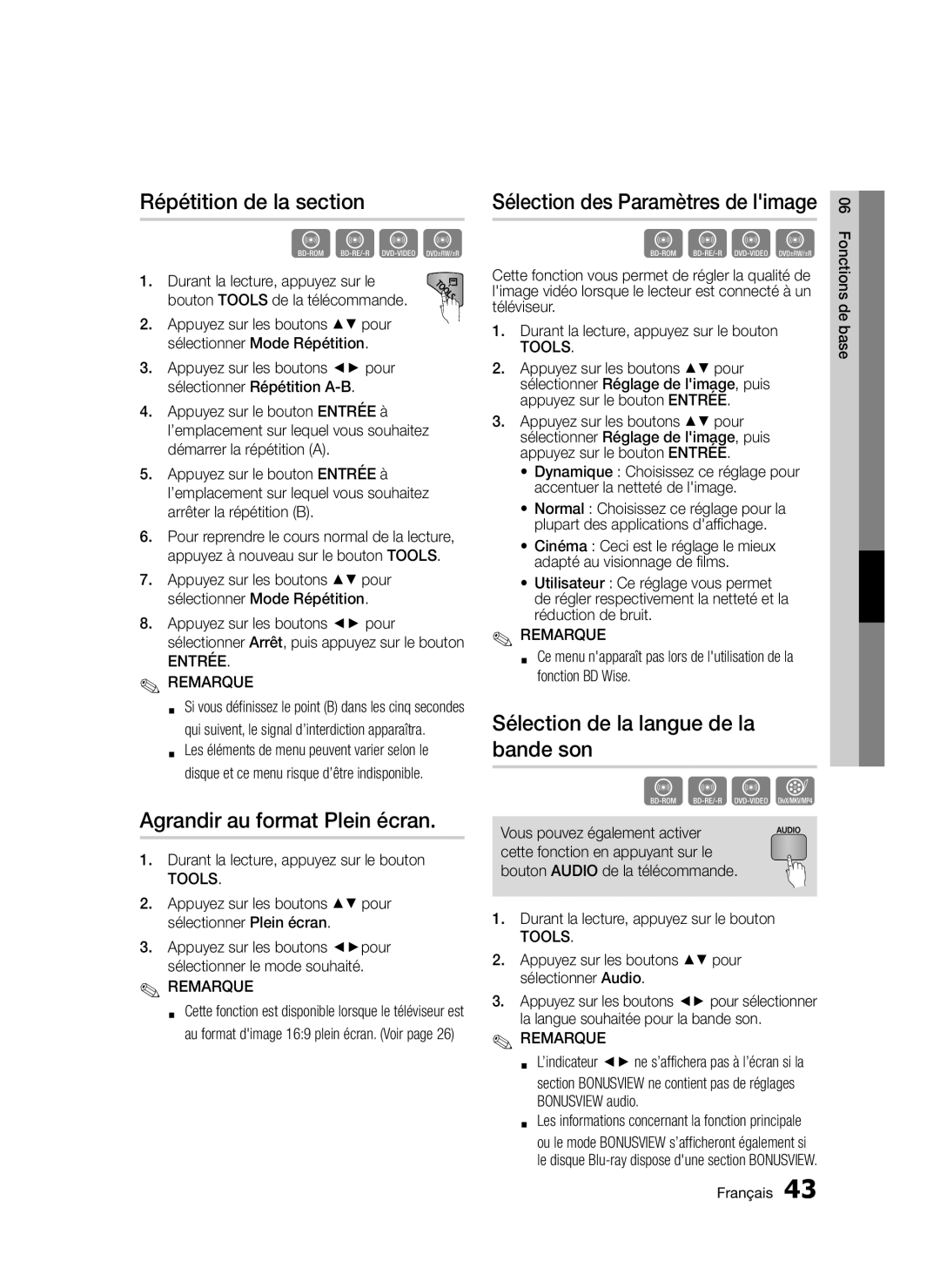 Samsung BD-D5300/XE manual Répétition de la section, Agrandir au format Plein écran, Sélection de la langue de la bande son 