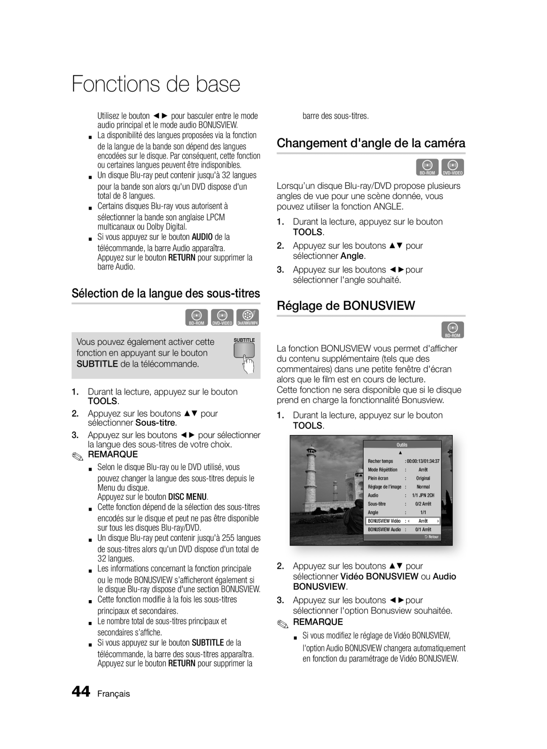 Samsung BD-D5300/EN, BD-D5300/XN, BD-D5300/ZF, BD-D5300/XE manual Changement dangle de la caméra, Réglage de Bonusview 