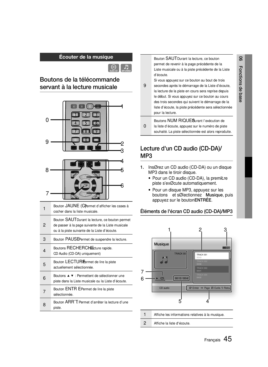 Samsung BD-D5300/XN, BD-D5300/EN Boutons de la télécommande servant à la lecture musicale, Lecture dun CD audio CD-DA/ MP3 