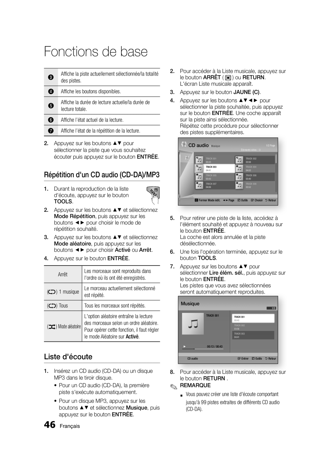 Samsung BD-D5300/ZF, BD-D5300/EN, BD-D5300/XN Liste découte, Des pistes, Affiche les boutons disponibles, Lecture totale 