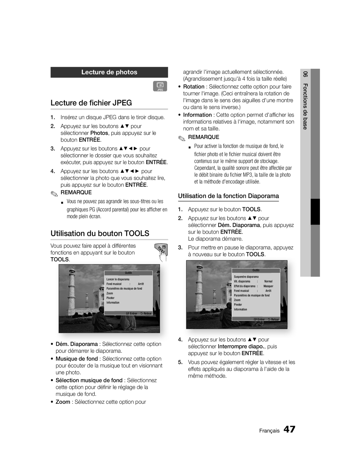 Samsung BD-D5300/XE, BD-D5300/EN, BD-D5300/XN manual Lecture de fichier Jpeg, Utilisation du bouton TOOLS, Lecture de photos 