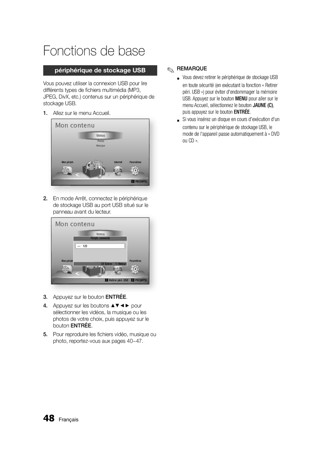 Samsung BD-D5300/EN, BD-D5300/XN manual Périphérique de stockage USB, Bouton ENTRÉE, Photo, reportez-vous aux pages 40~47 