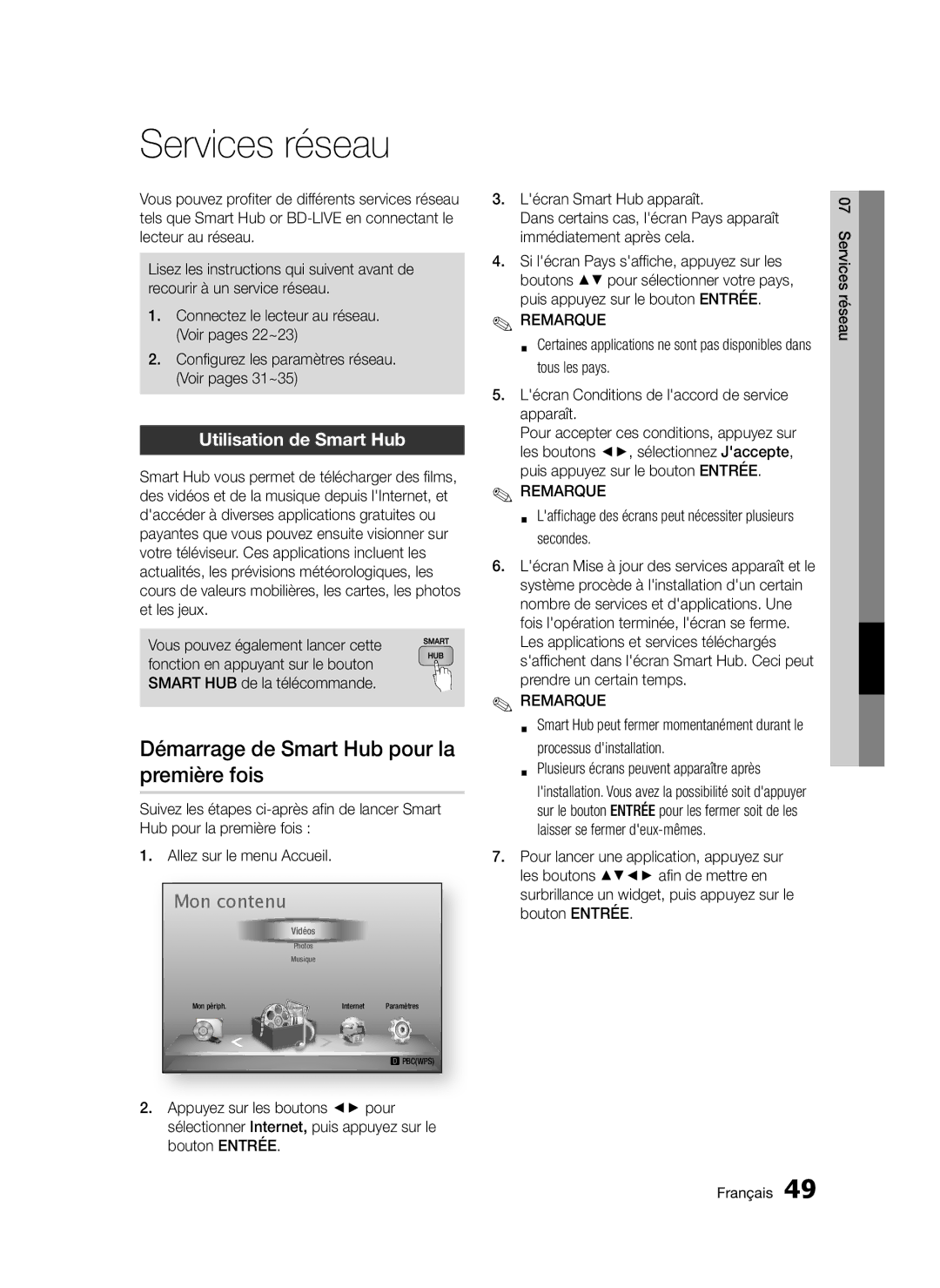 Samsung BD-D5300/XN, BD-D5300/EN Services réseau, Démarrage de Smart Hub pour la première fois, Utilisation de Smart Hub 