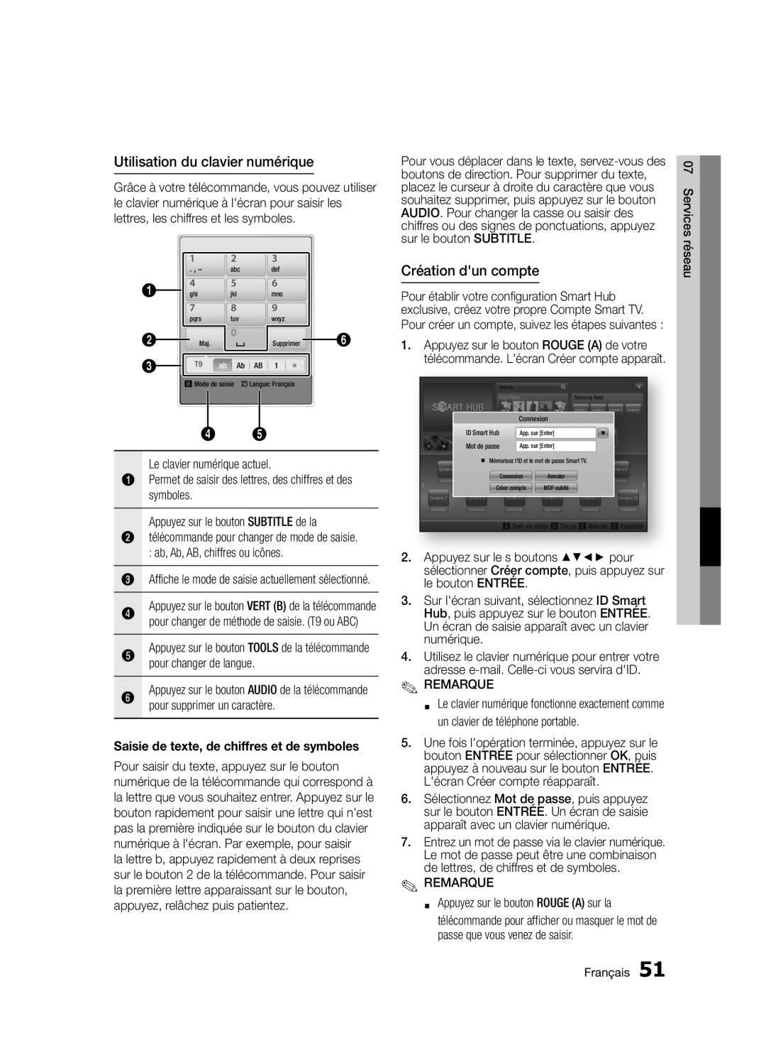 Samsung BD-D5300/XE, BD-D5300/EN, BD-D5300/XN, BD-D5300/ZF manual Utilisation du clavier numérique, Création dun compte 