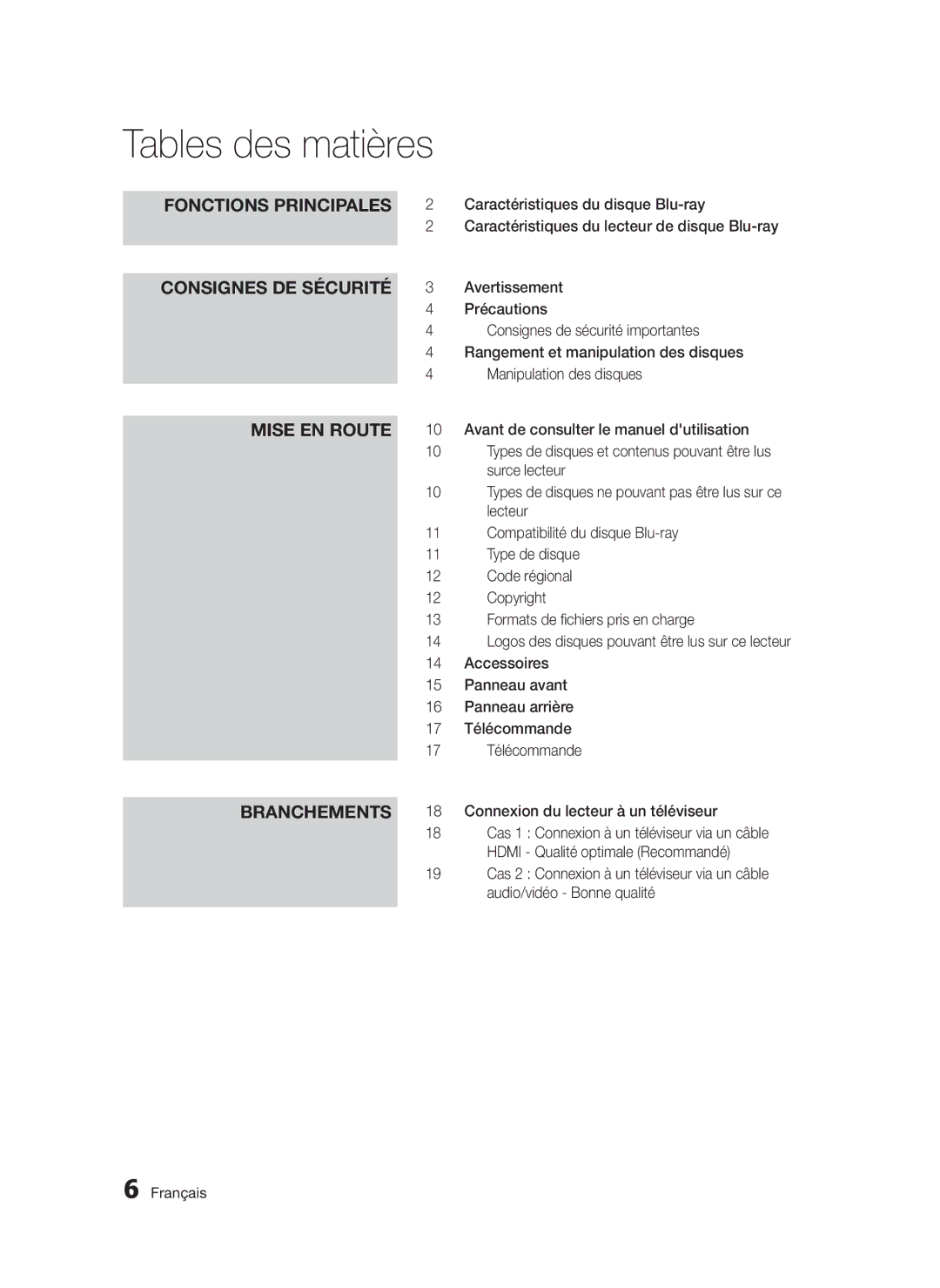 Samsung BD-D5300/ZF manual Tables des matières, Fonctions Principales, Consignes DE Sécurité, Mise EN Route, Branchements 