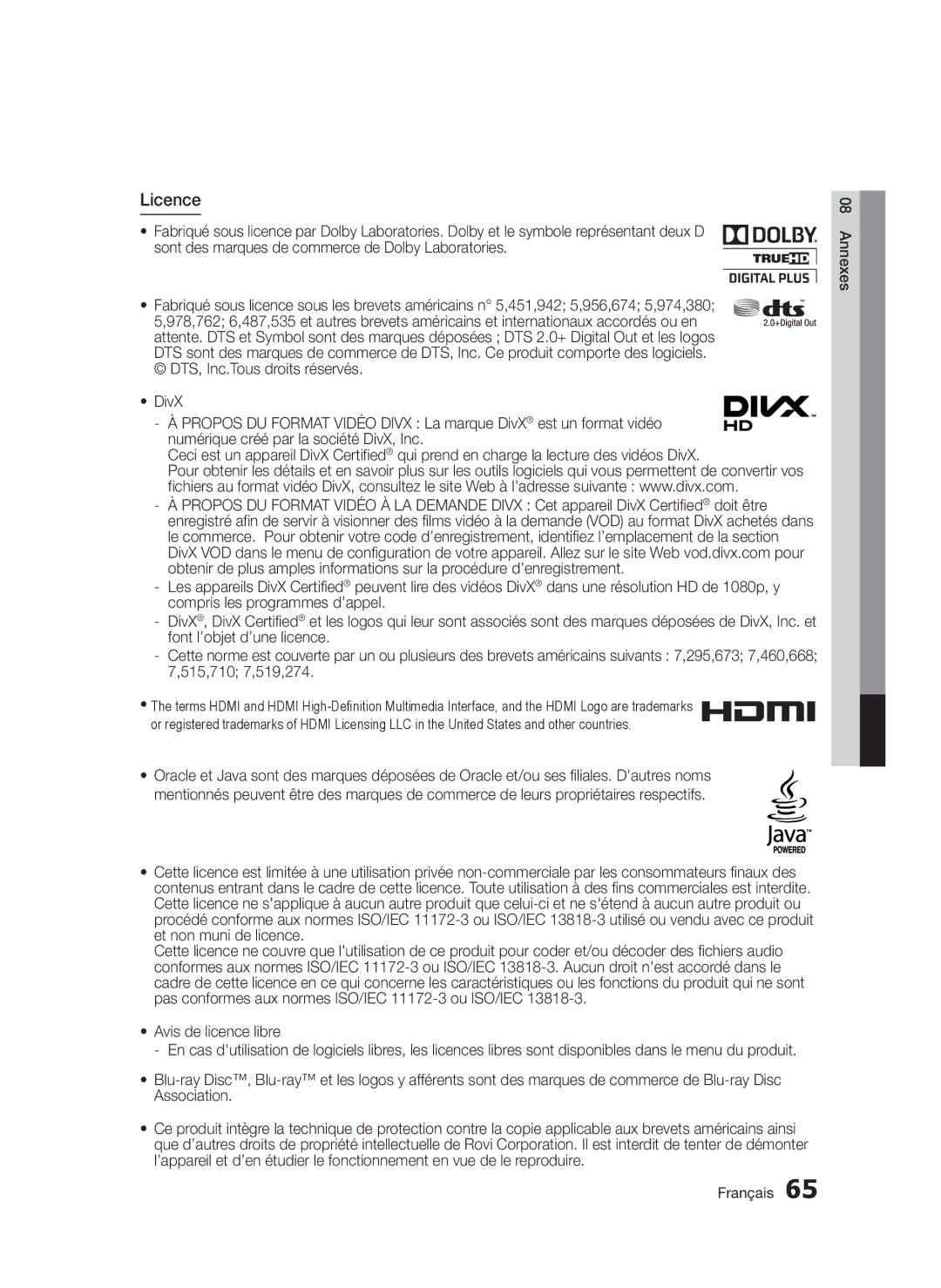 Samsung BD-D5300/XN, BD-D5300/EN, BD-D5300/ZF, BD-D5300/XE manual Licence, Avis de licence libre 