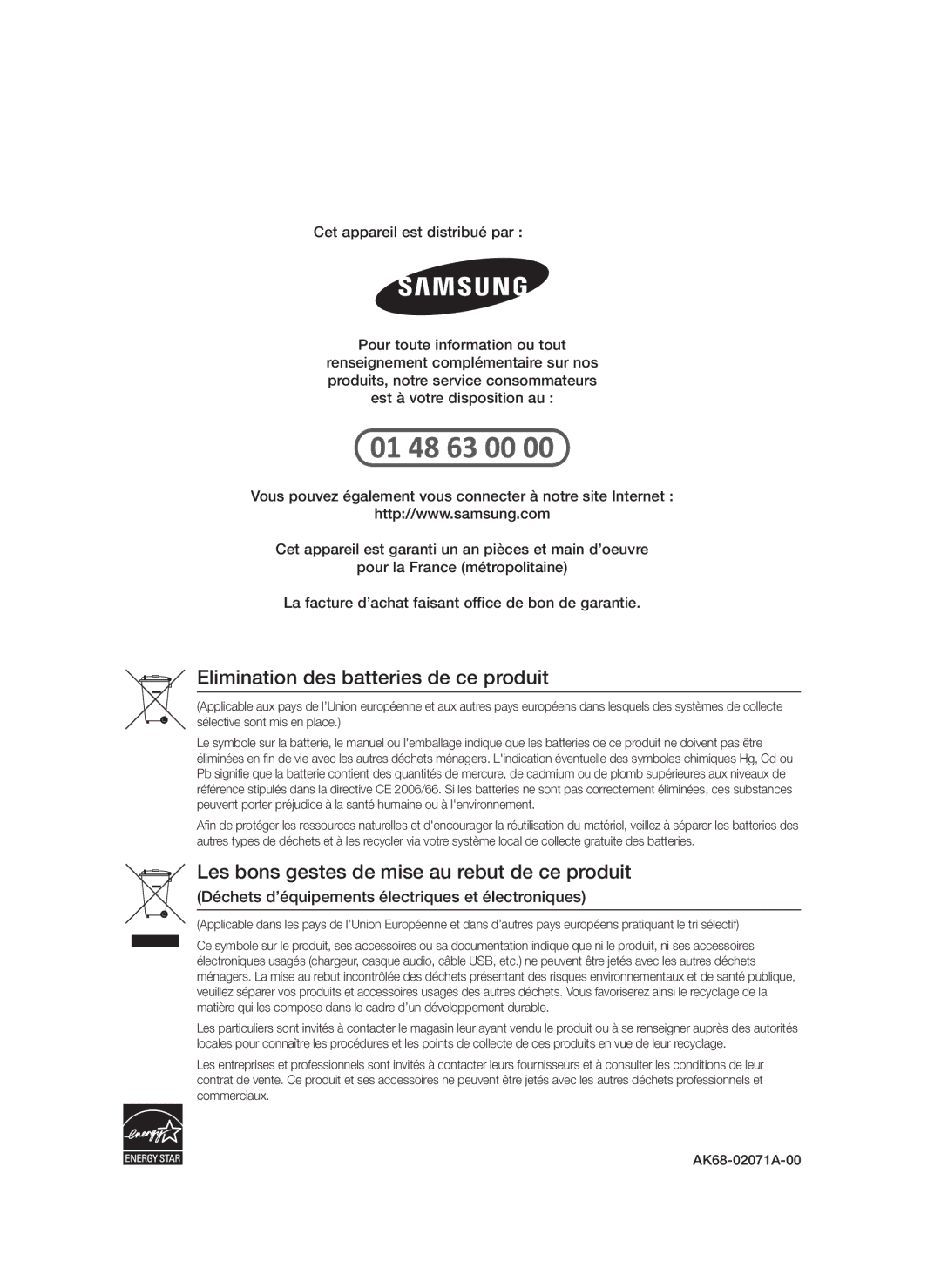 Samsung BD-D5300/EN, BD-D5300/XN, BD-D5300/ZF, BD-D5300/XE manual Elimination des batteries de ce produit 