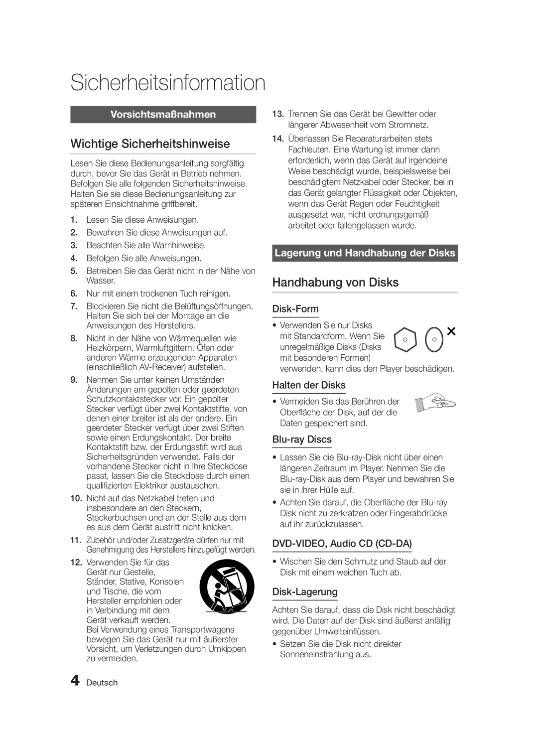 Samsung BD-D5300/EN, BD-D5300/XN, BD-D5300/ZF manual Wichtige Sicherheitshinweise, Handhabung von Disks, Vorsichtsmaßnahmen 