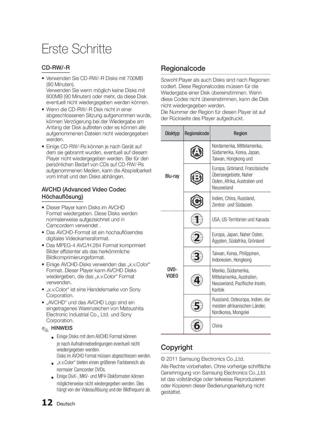 Samsung BD-D5300/EN, BD-D5300/XN, BD-D5300/ZF, BD-D5300/XE manual Regionalcode, Avchd Advanced Video Codec Höchauflösung, Dvd 