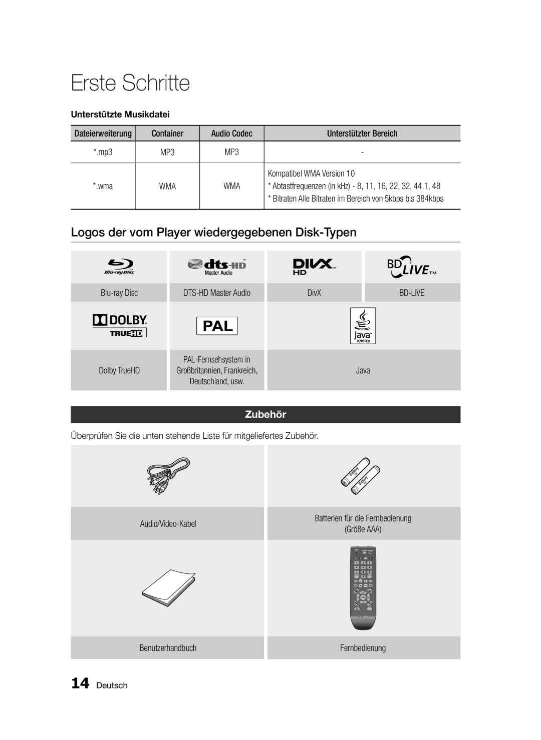 Samsung BD-D5300/ZF, BD-D5300/EN manual Logos der vom Player wiedergegebenen Disk-Typen, Zubehör, Unterstützte Musikdatei 