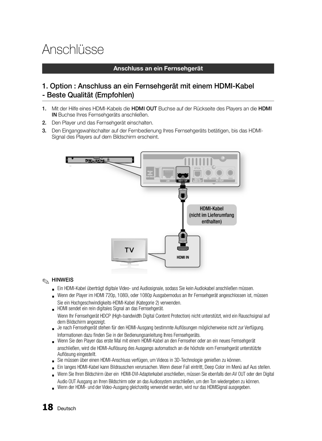 Samsung BD-D5300/ZF, BD-D5300/EN, BD-D5300/XN, BD-D5300/XE manual Anschlüsse, Anschluss an ein Fernsehgerät 