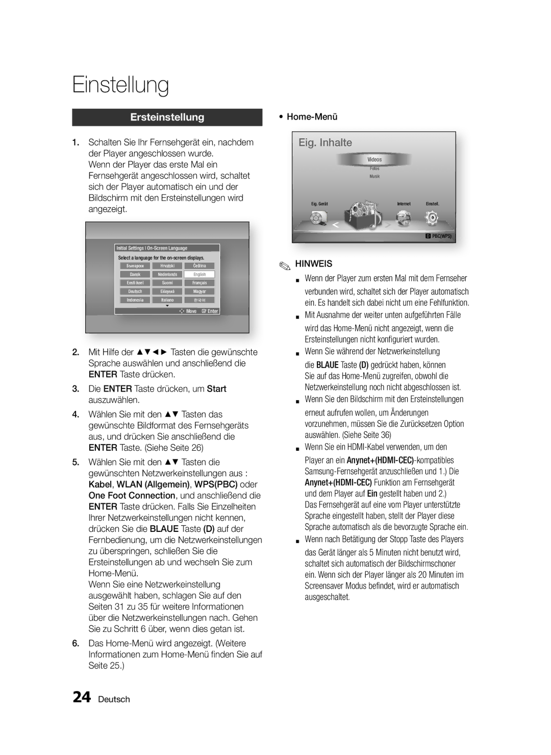 Samsung BD-D5300/EN, BD-D5300/XN, BD-D5300/ZF, BD-D5300/XE manual Einstellung, Ersteinstellung 