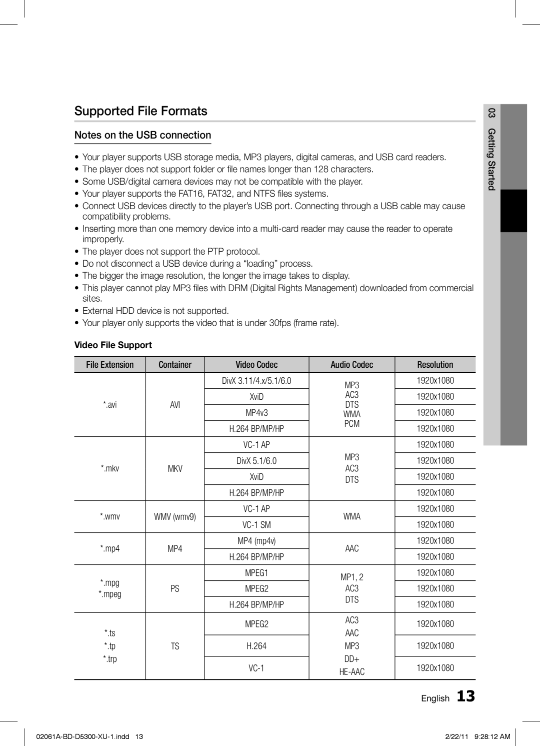 Samsung BD-D5300/ZF, BD-D5300/EN, BD-D5300/XE manual Supported File Formats, Video File Support, AC3 