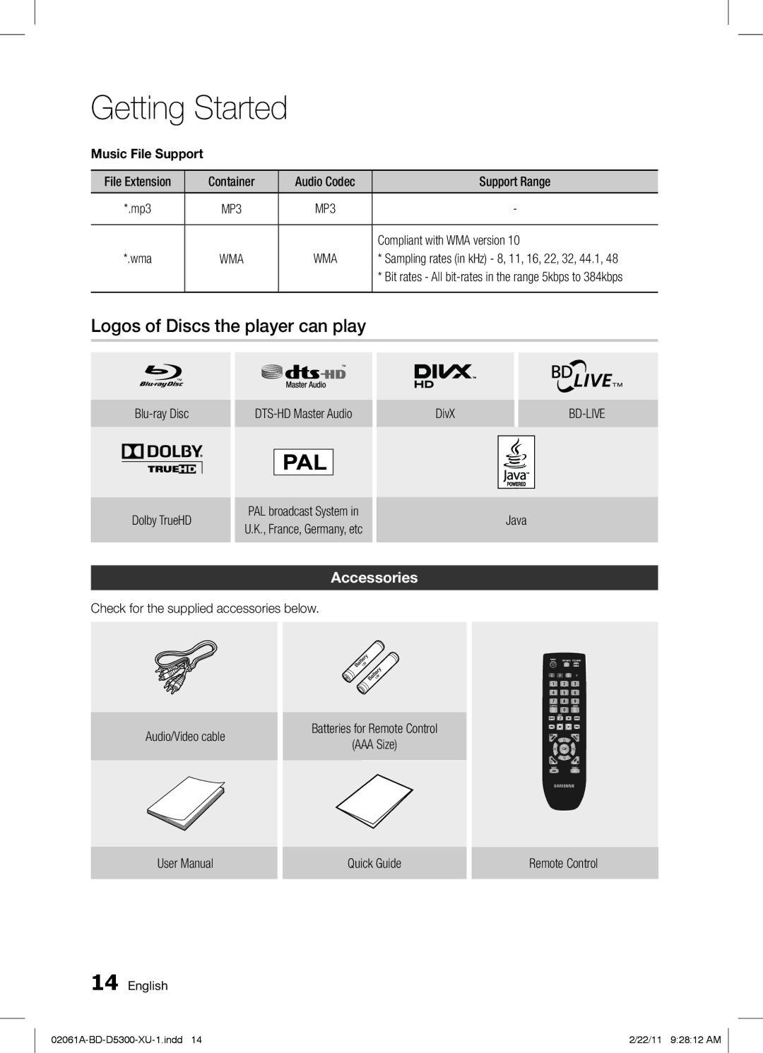 Samsung BD-D5300/XE, BD-D5300/EN, BD-D5300/ZF manual Logos of Discs the player can play, Accessories, Music File Support 