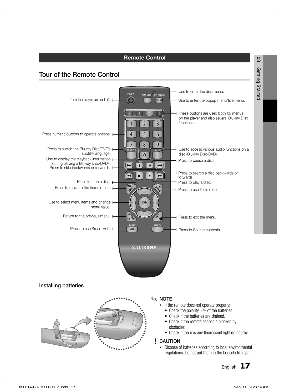 Samsung BD-D5300/XE, BD-D5300/EN, BD-D5300/ZF manual Tour of the Remote Control, Installing batteries 