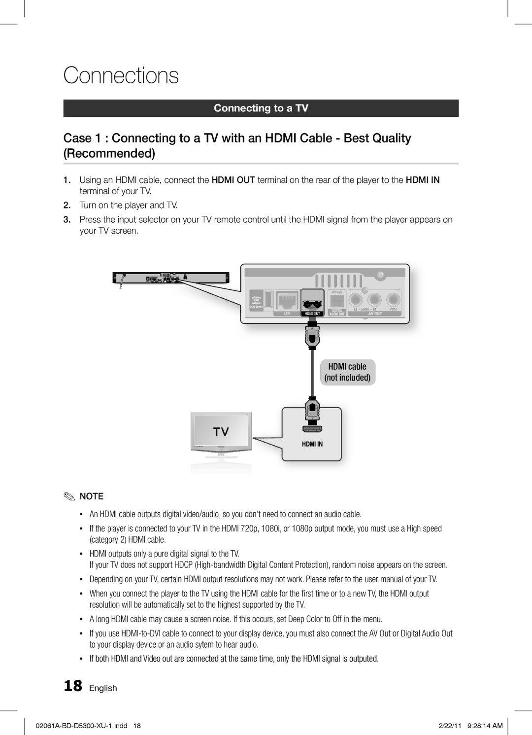 Samsung BD-D5300/EN, BD-D5300/ZF, BD-D5300/XE manual Connections, Connecting to a TV 