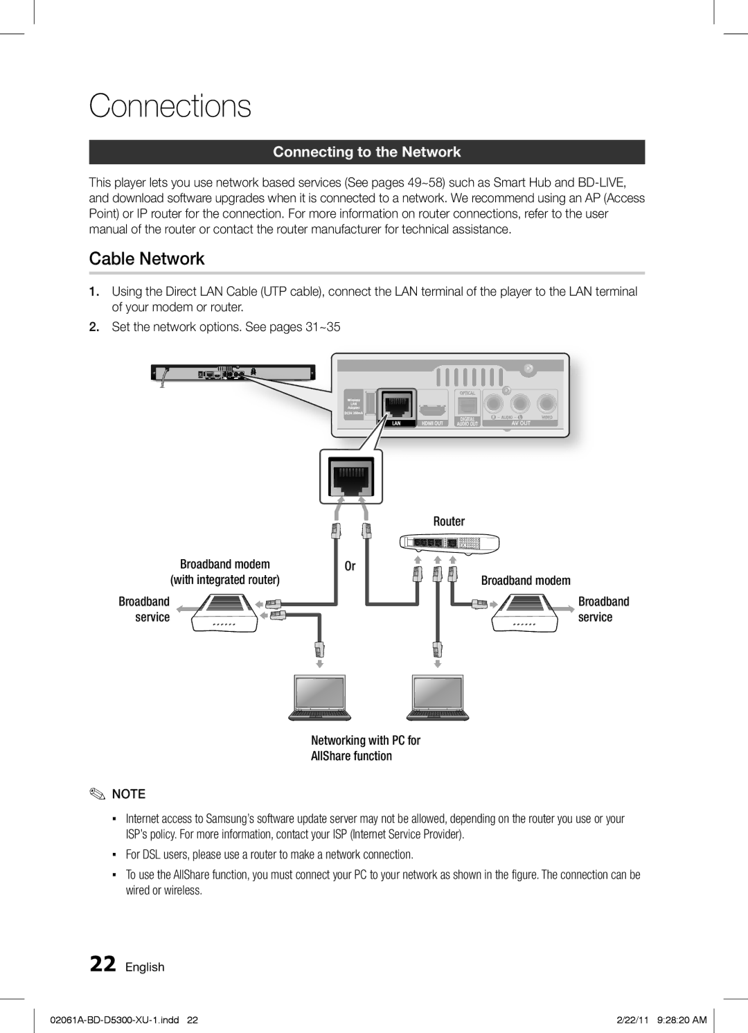 Samsung BD-D5300/ZF Cable Network, Connecting to the Network, Networking with PC for AllShare function Broadband modem 