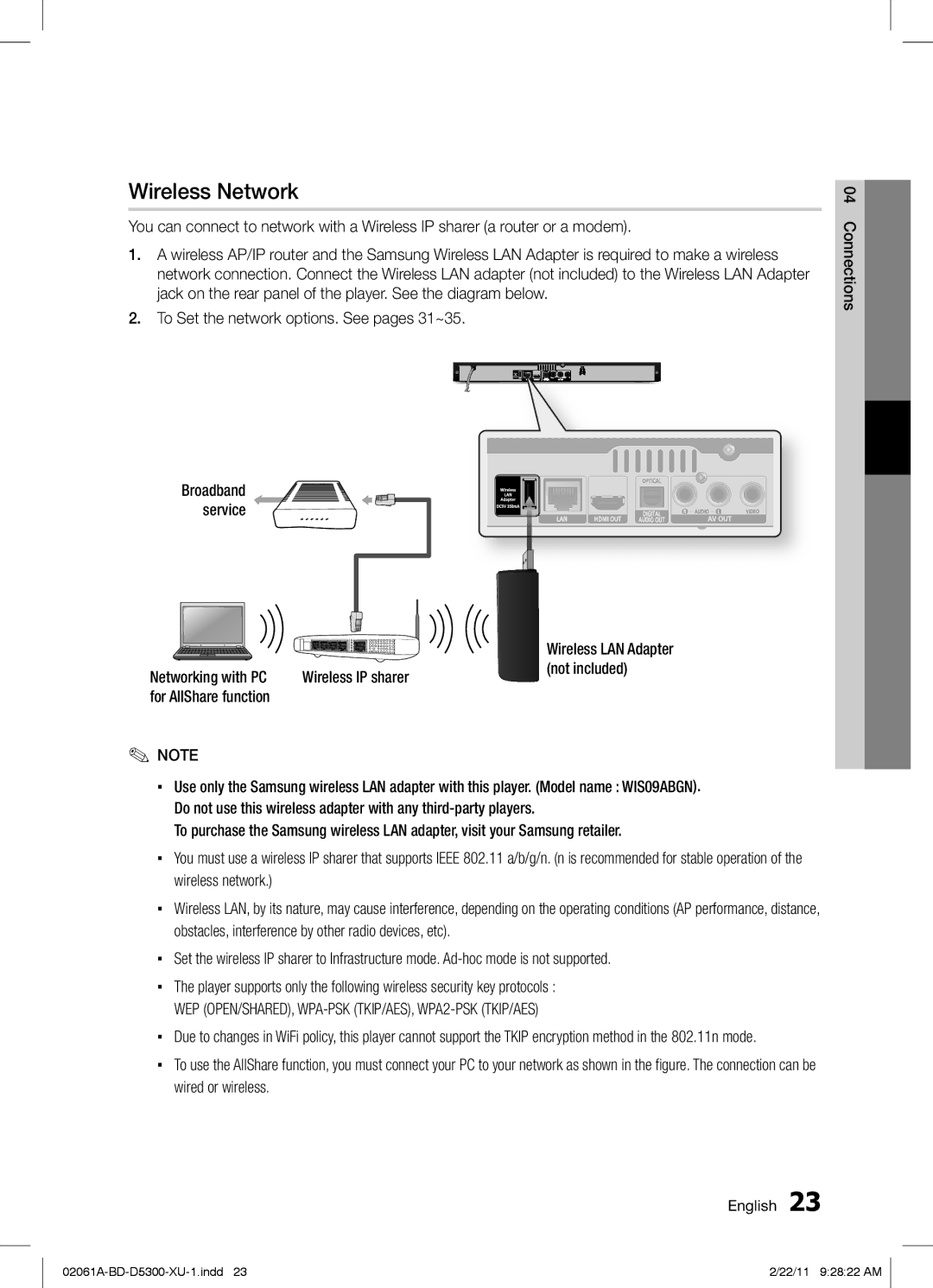 Samsung BD-D5300/XE, BD-D5300/EN manual Wireless Network, Networking with PC Wireless IP sharer, For AllShare function 