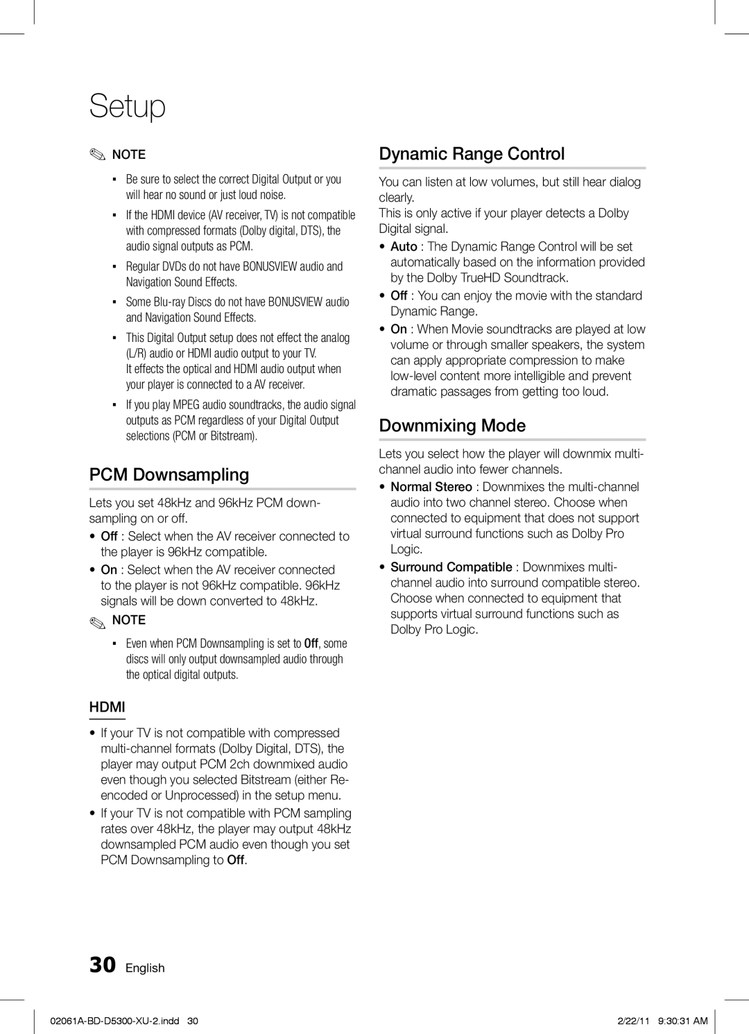 Samsung BD-D5300/EN, BD-D5300/ZF, BD-D5300/XE manual PCM Downsampling, Dynamic Range Control, Downmixing Mode 