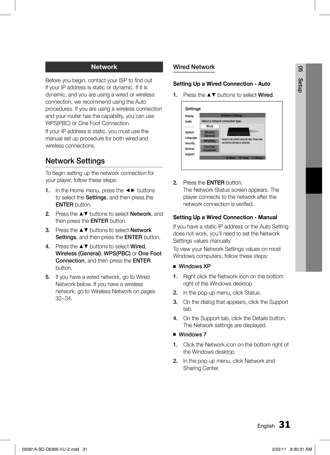 Samsung BD-D5300/ZF, BD-D5300/EN, BD-D5300/XE manual Network Settings, Wired Network, Setting Up a Wired Connection Auto 