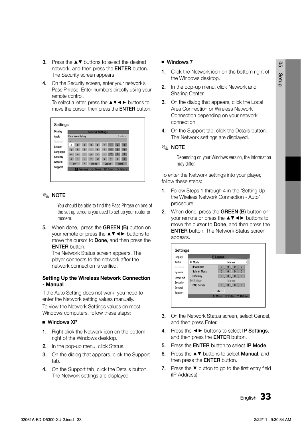 Samsung BD-D5300/EN, BD-D5300/ZF, BD-D5300/XE manual Setting Up the Wireless Network Connection Manual 