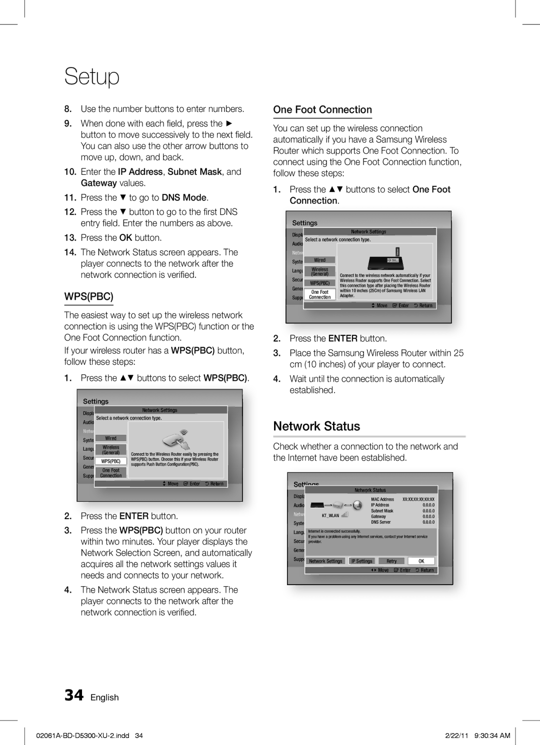 Samsung BD-D5300/ZF, BD-D5300/EN, BD-D5300/XE manual Network Status, One Foot Connection, Press the OK button 