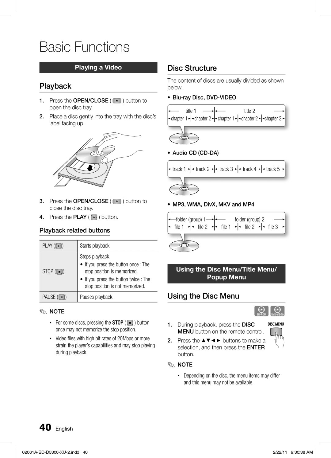 Samsung BD-D5300/ZF, BD-D5300/EN, BD-D5300/XE manual Basic Functions, Playback, Disc Structure, Using the Disc Menu 