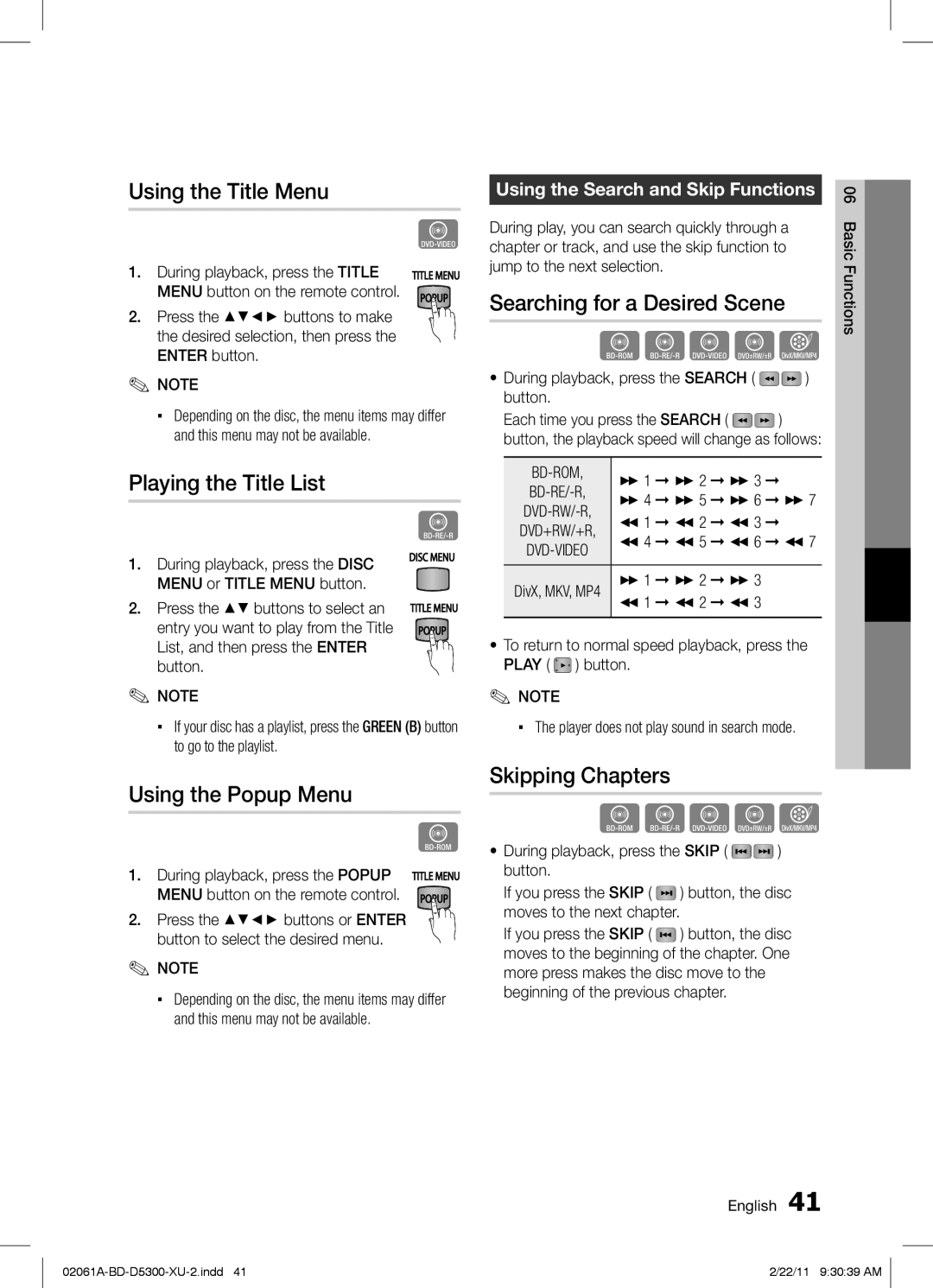 Samsung BD-D5300/XE Using the Title Menu, Playing the Title List, Using the Popup Menu, Searching for a Desired Scene 