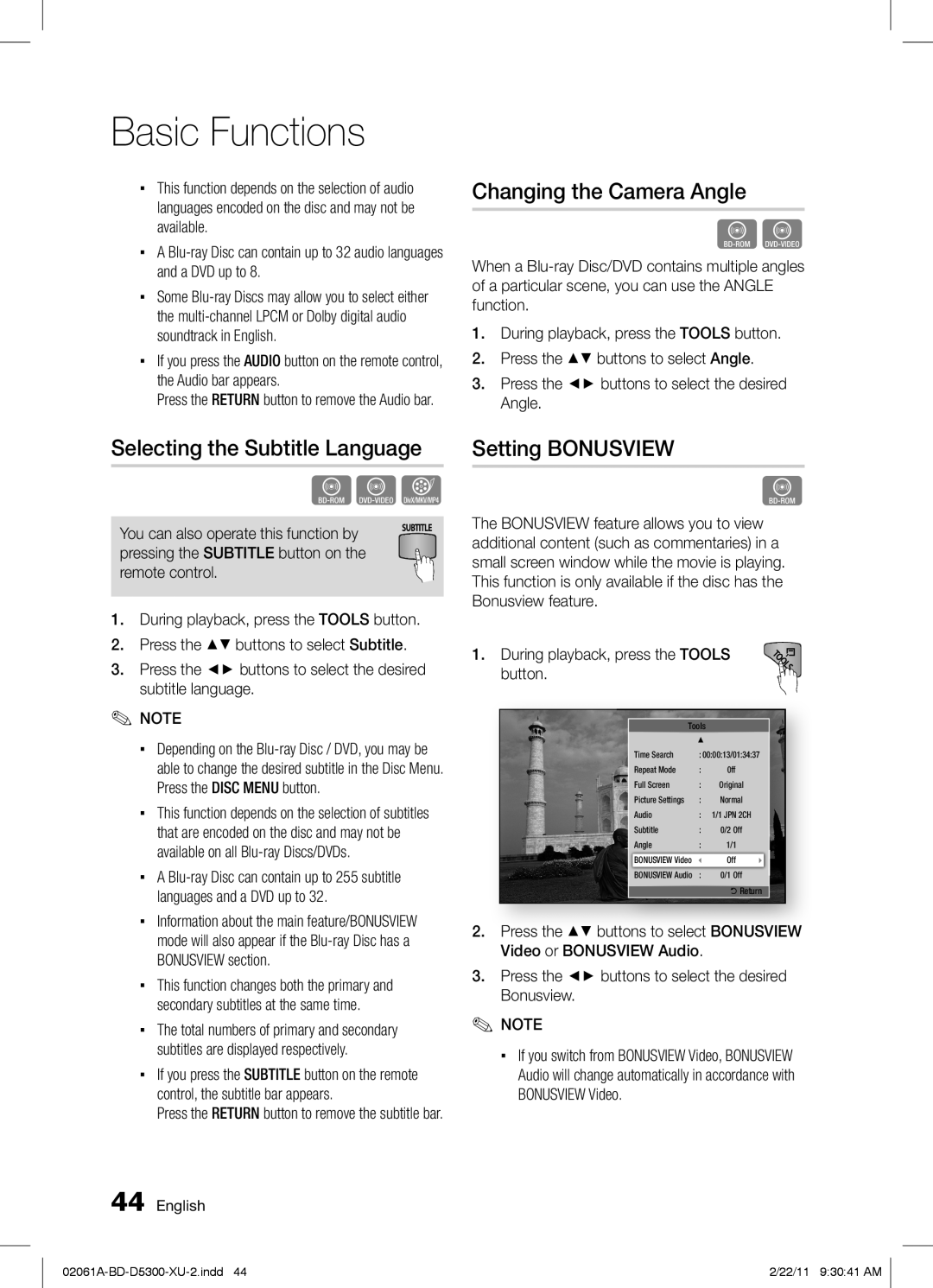 Samsung BD-D5300/XE, BD-D5300/EN, BD-D5300/ZF Changing the Camera Angle, Selecting the Subtitle Language, Setting Bonusview 