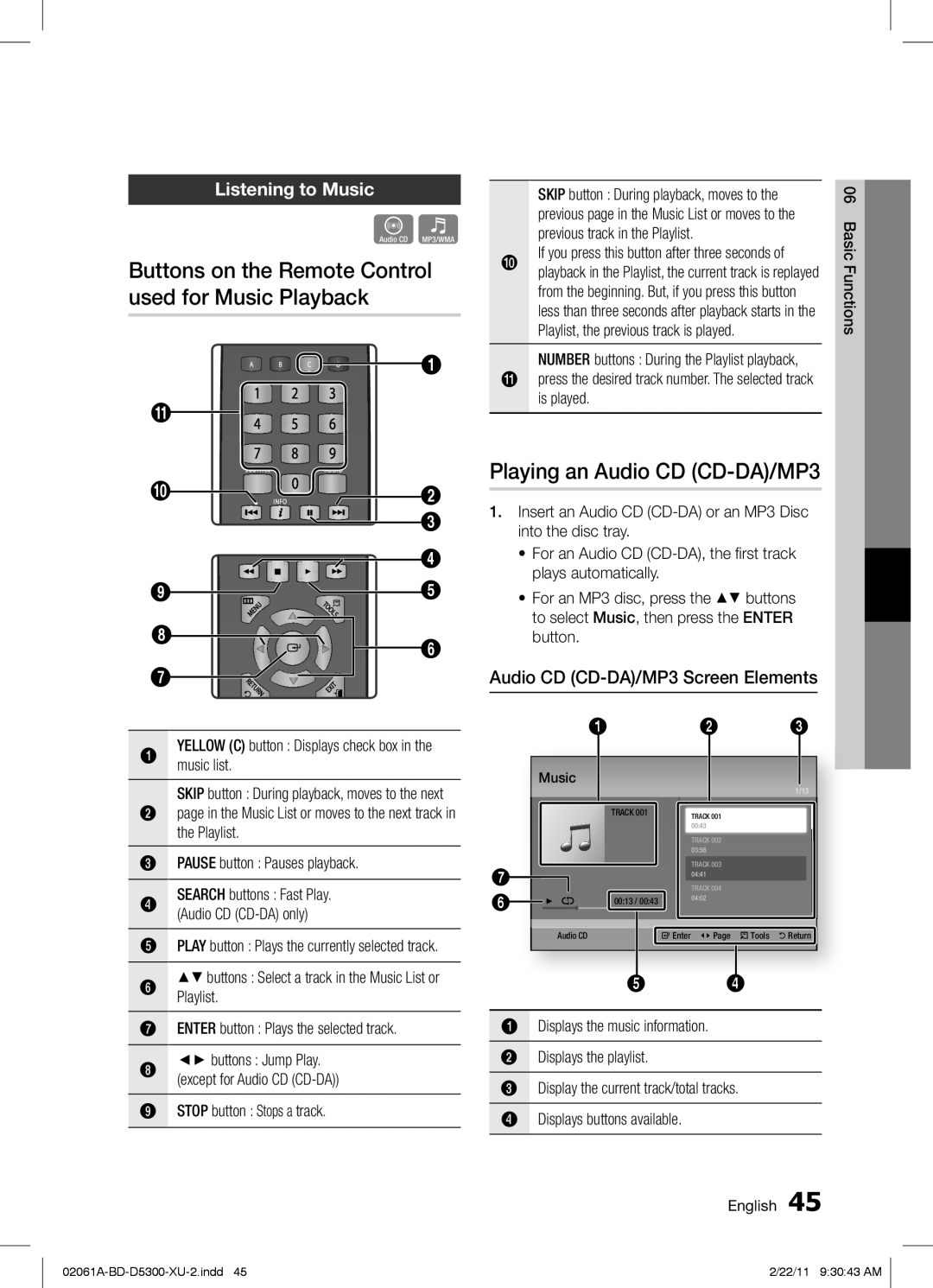 Samsung BD-D5300/EN, BD-D5300/ZF manual Buttons on the Remote Control used for Music Playback, Playing an Audio CD CD-DA/MP3 