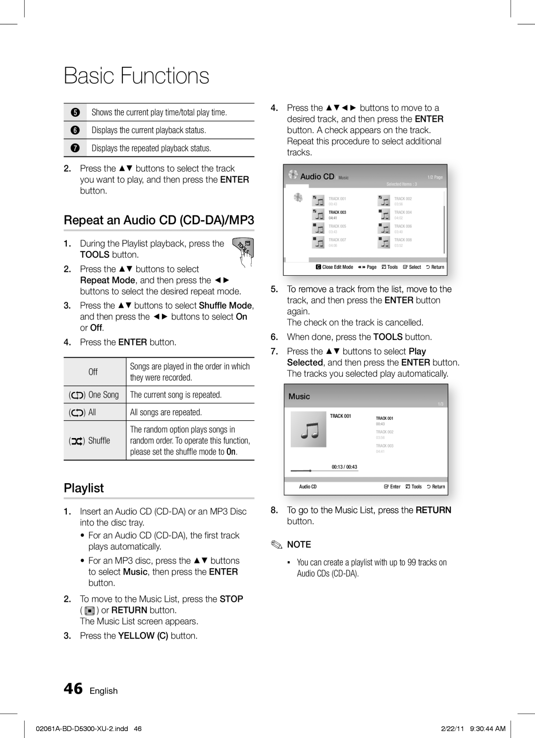 Samsung BD-D5300/ZF, BD-D5300/EN, BD-D5300/XE manual Repeat an Audio CD CD-DA/MP3, Playlist 