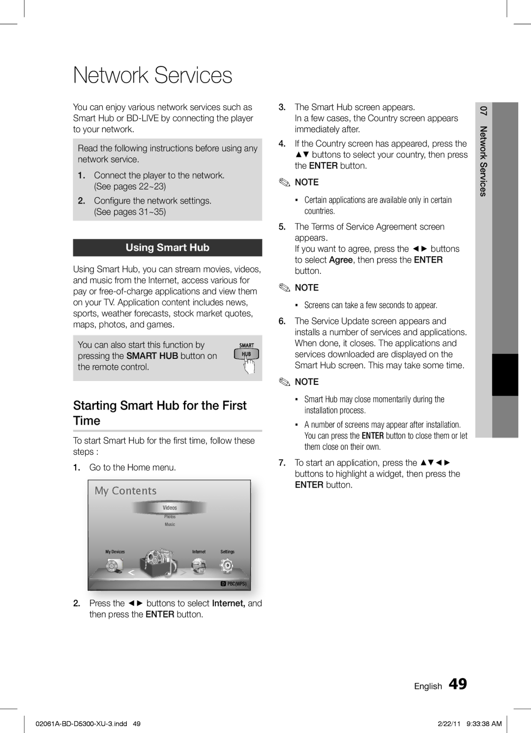 Samsung BD-D5300/ZF, BD-D5300/EN, BD-D5300/XE manual Network Services, Starting Smart Hub for the First Time, Using Smart Hub 