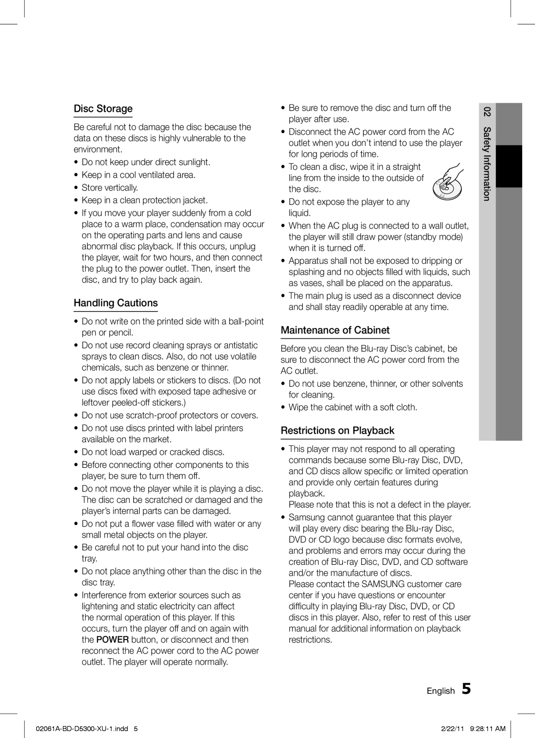 Samsung BD-D5300/XE, BD-D5300/EN manual Disc Storage, Handling Cautions, Maintenance of Cabinet, Restrictions on Playback 