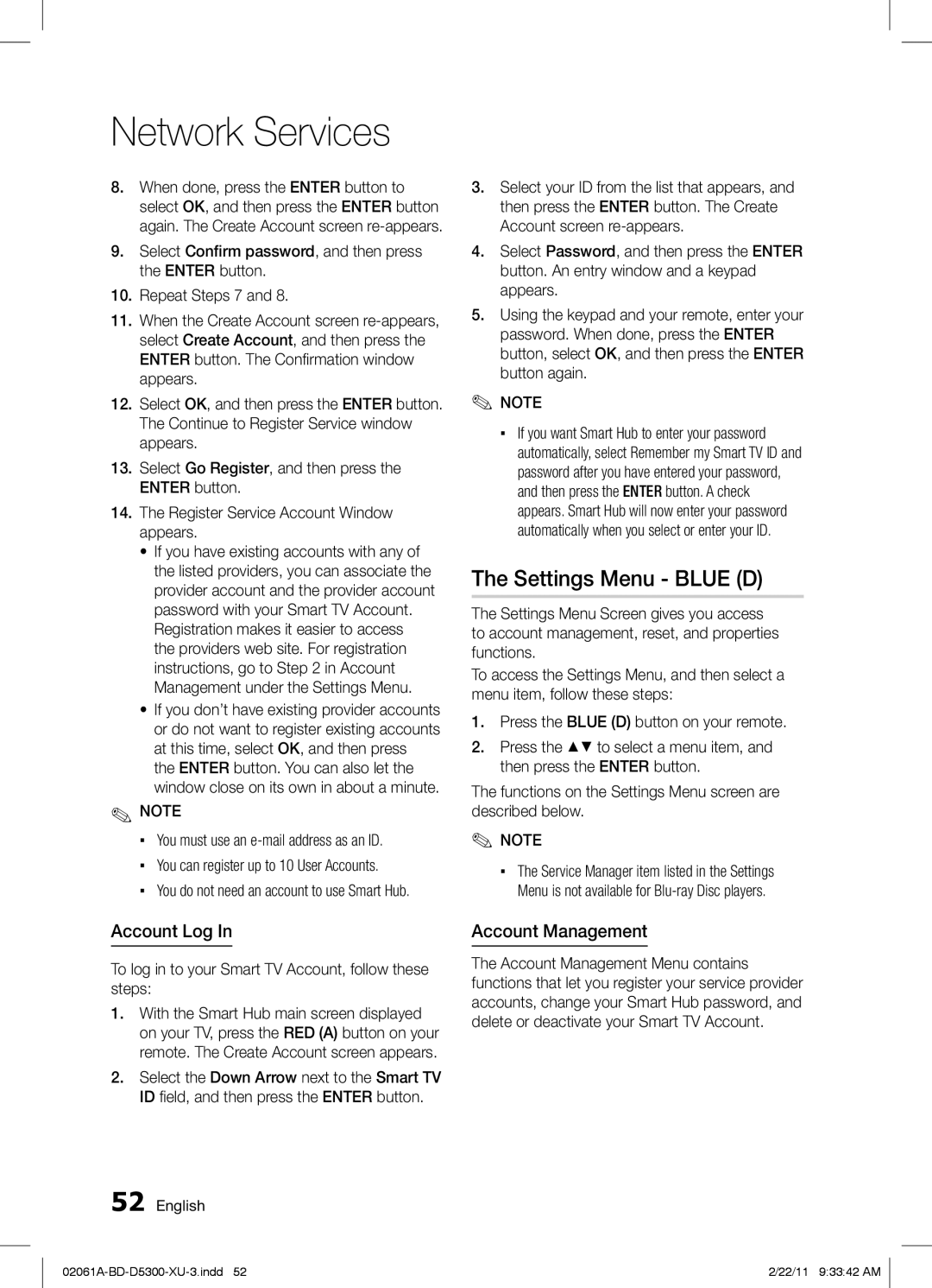 Samsung BD-D5300/ZF, BD-D5300/EN, BD-D5300/XE manual Settings Menu Blue D, Account Log, Account Management 