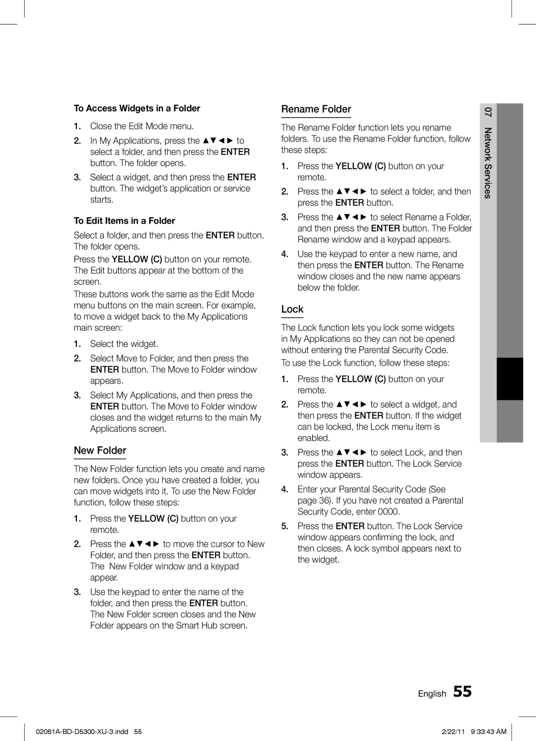 Samsung BD-D5300/ZF, BD-D5300/EN New Folder, Rename Folder, Lock, To Access Widgets in a Folder, To Edit Items in a Folder 