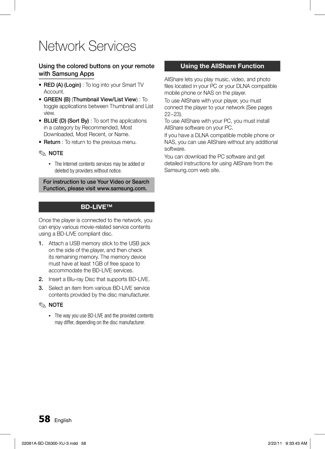 Samsung BD-D5300/ZF, BD-D5300/EN Using the colored buttons on your remote with Samsung Apps, Using the AllShare Function 