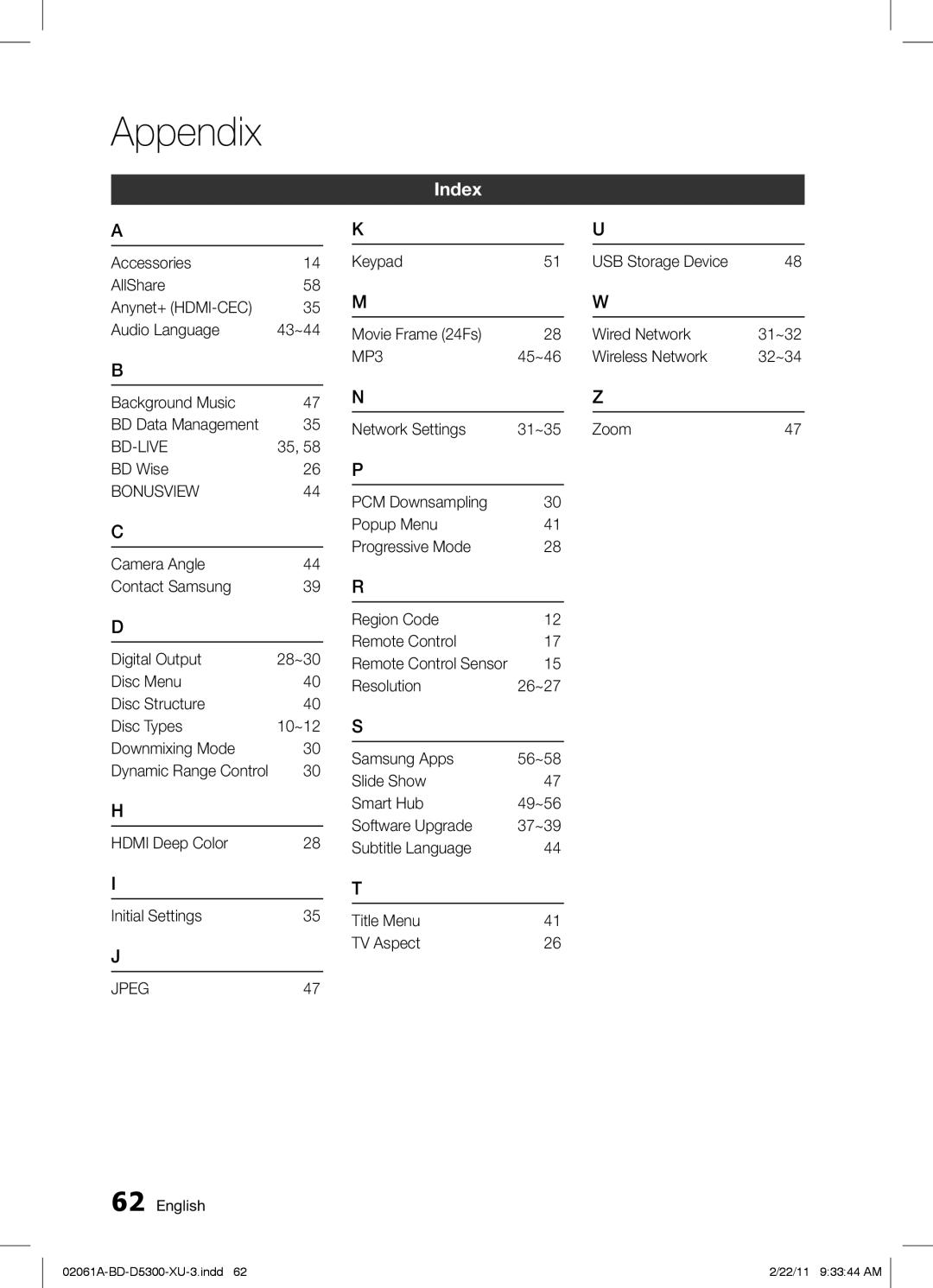 Samsung BD-D5300/XE, BD-D5300/EN, BD-D5300/ZF manual Index, MP3, BD Wise, Bonusview, Jpeg 