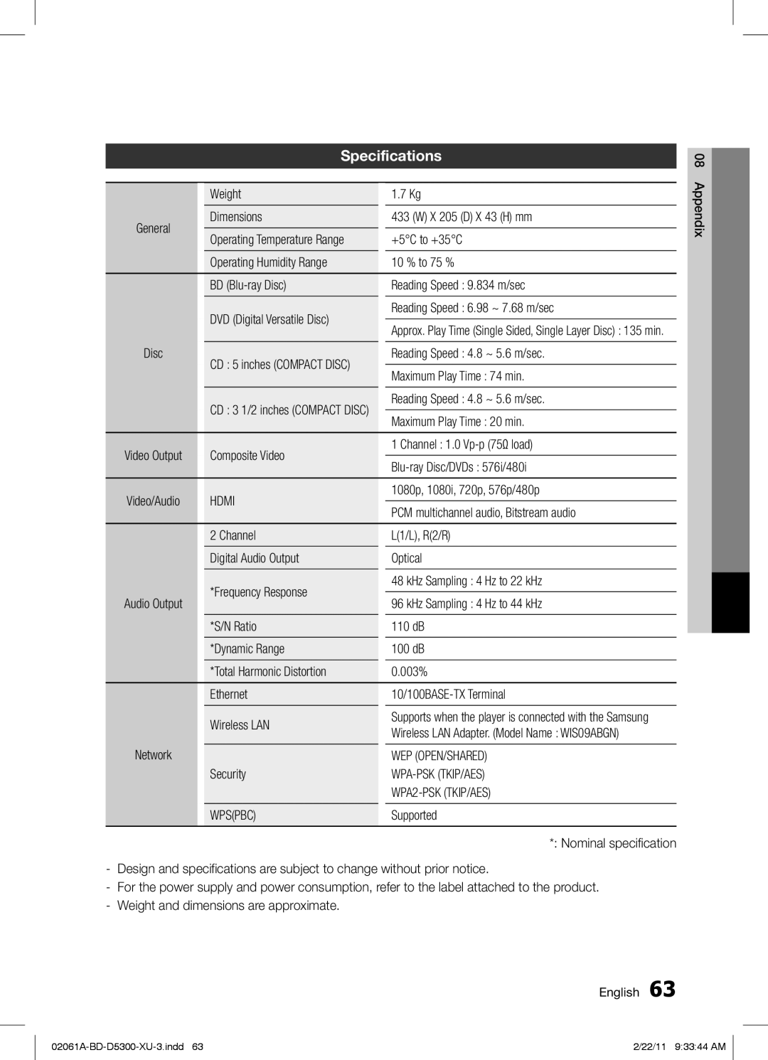 Samsung BD-D5300/EN, BD-D5300/ZF manual Specifications, Hdmi, WEP OPEN/SHARED WPA-PSK TKIP/AES WPA2-PSK TKIP/AES Wpspbc 