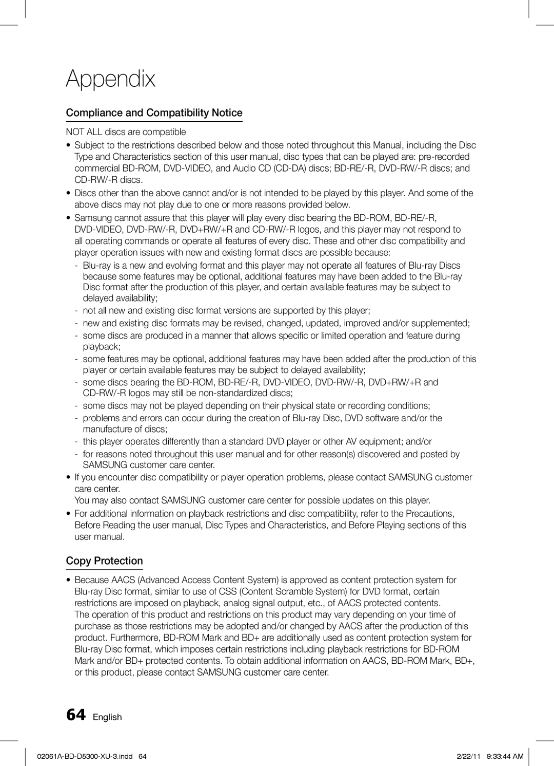 Samsung BD-D5300/ZF, BD-D5300/EN, BD-D5300/XE manual Compliance and Compatibility Notice, Copy Protection 