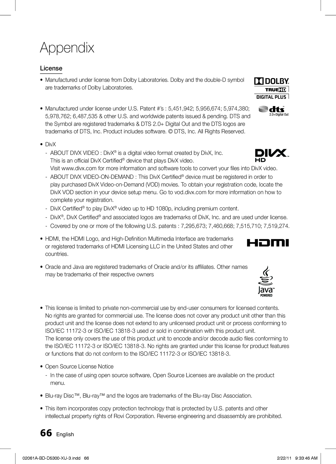 Samsung BD-D5300/EN, BD-D5300/ZF, BD-D5300/XE manual License 