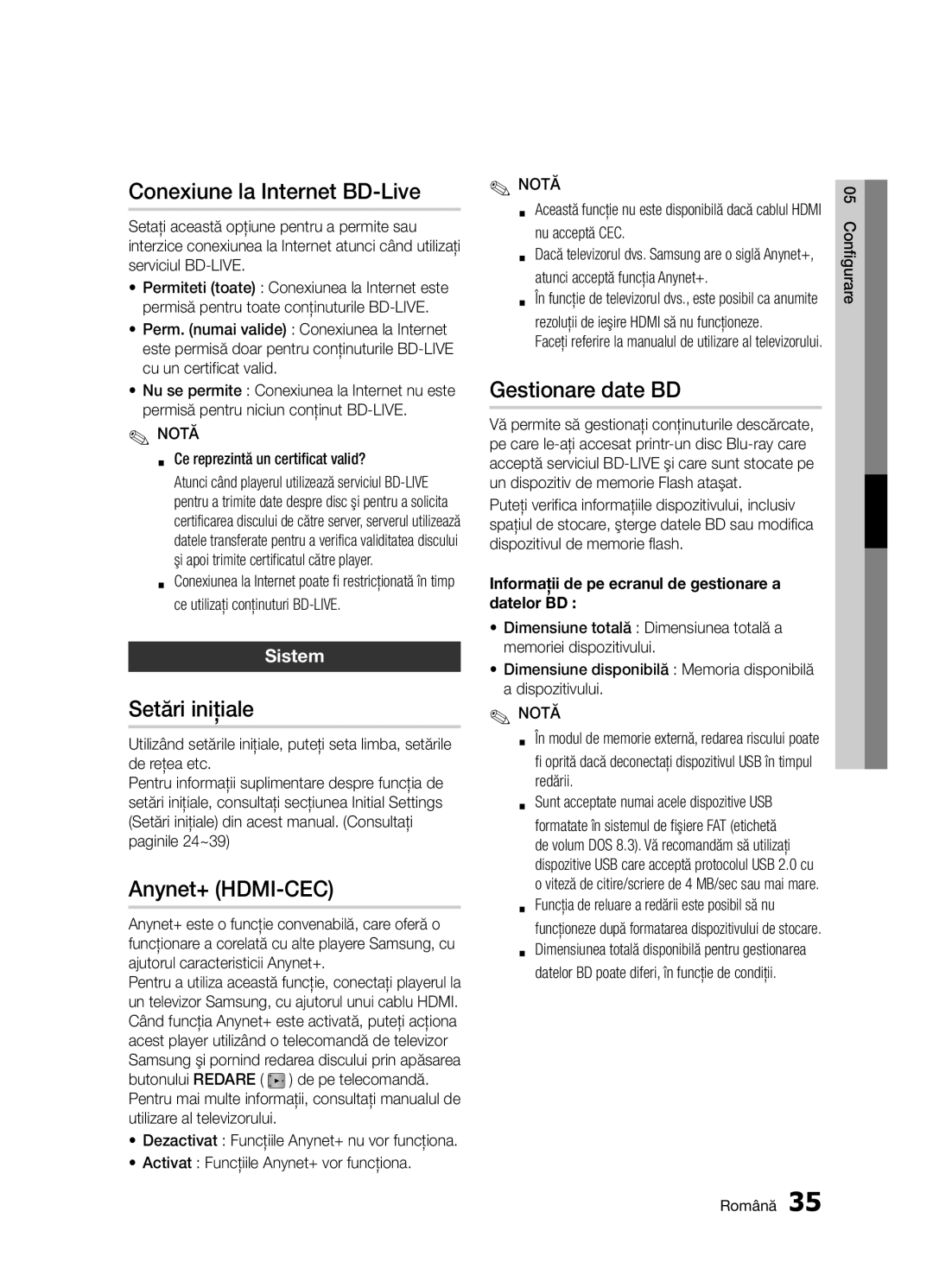 Samsung BD-D5300/EN manual Conexiune la Internet BD-Live, Setări iniţiale, Gestionare date BD, Sistem 