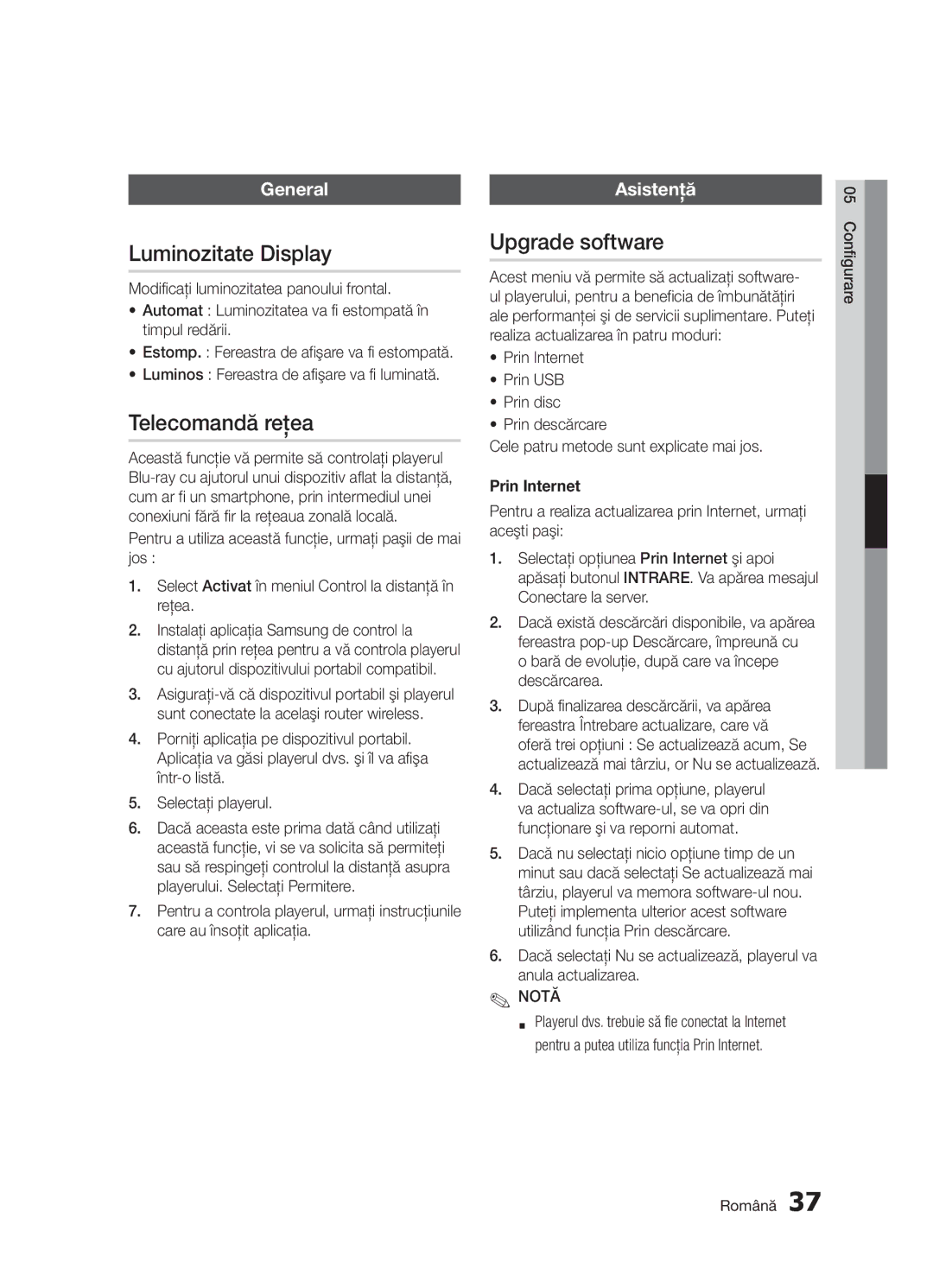 Samsung BD-D5300/EN manual Luminozitate Display, Telecomandă reţea, Upgrade software, General, Asistenţă 