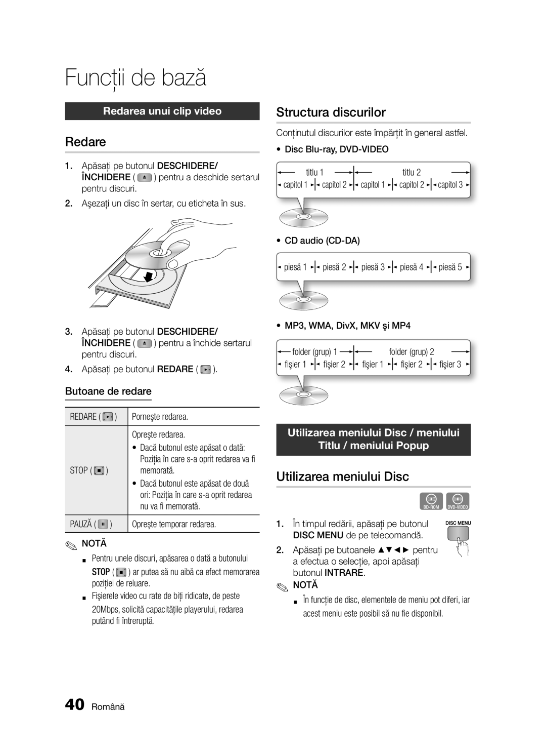 Samsung BD-D5300/EN manual Funcţii de bază, Redare, Structura discurilor, Utilizarea meniului Disc 