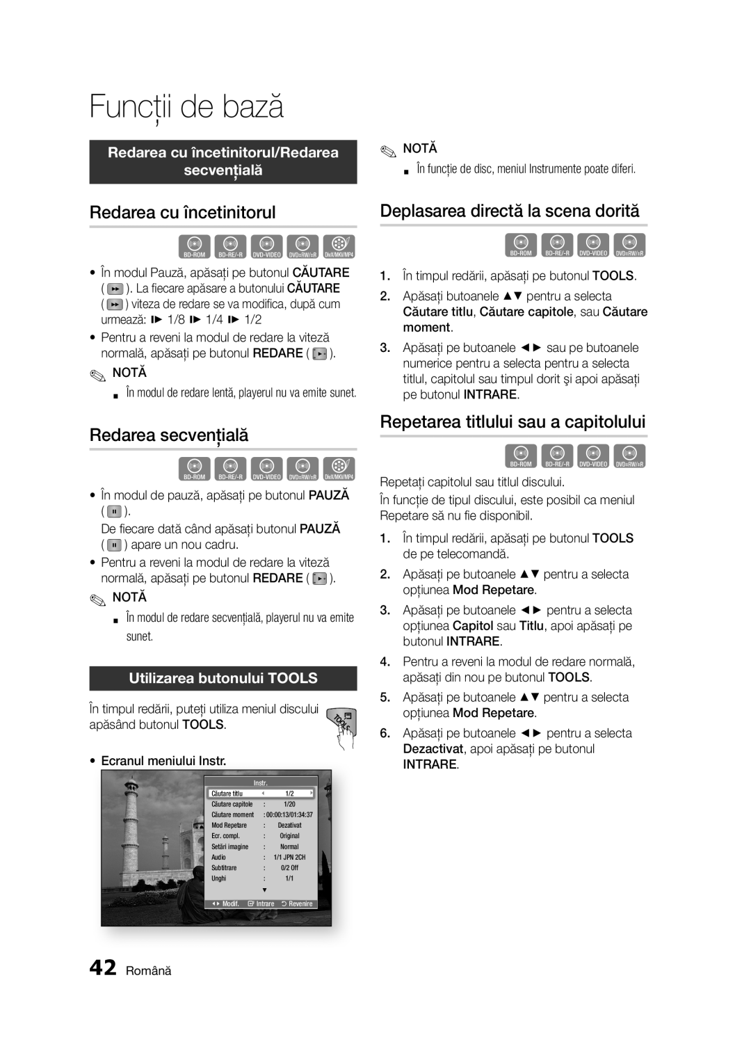 Samsung BD-D5300/EN manual Redarea cu încetinitorul, Redarea secvenţială, Deplasarea directă la scena dorită 